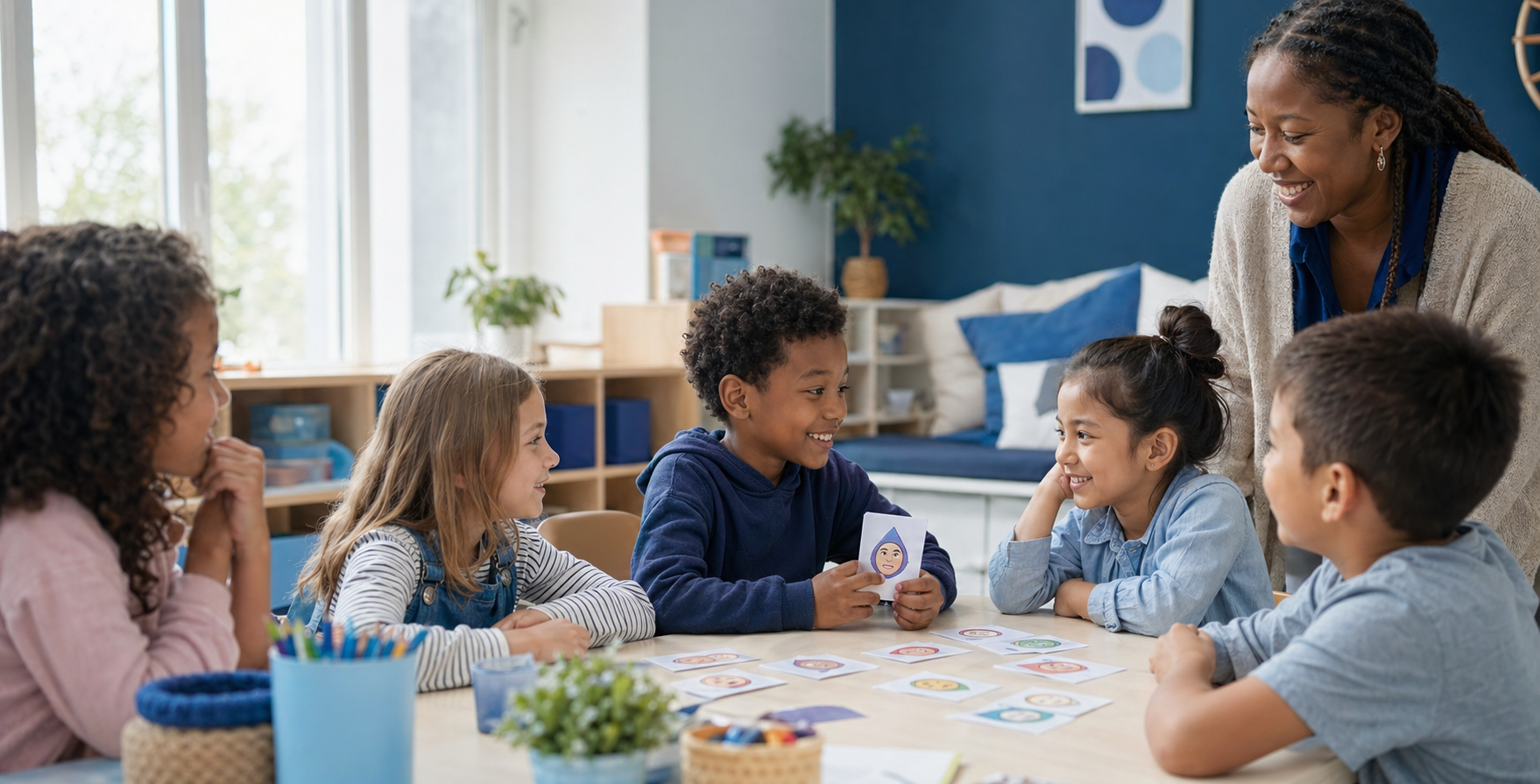 Elementary-aged kids working together in an afterschool SEL activity
